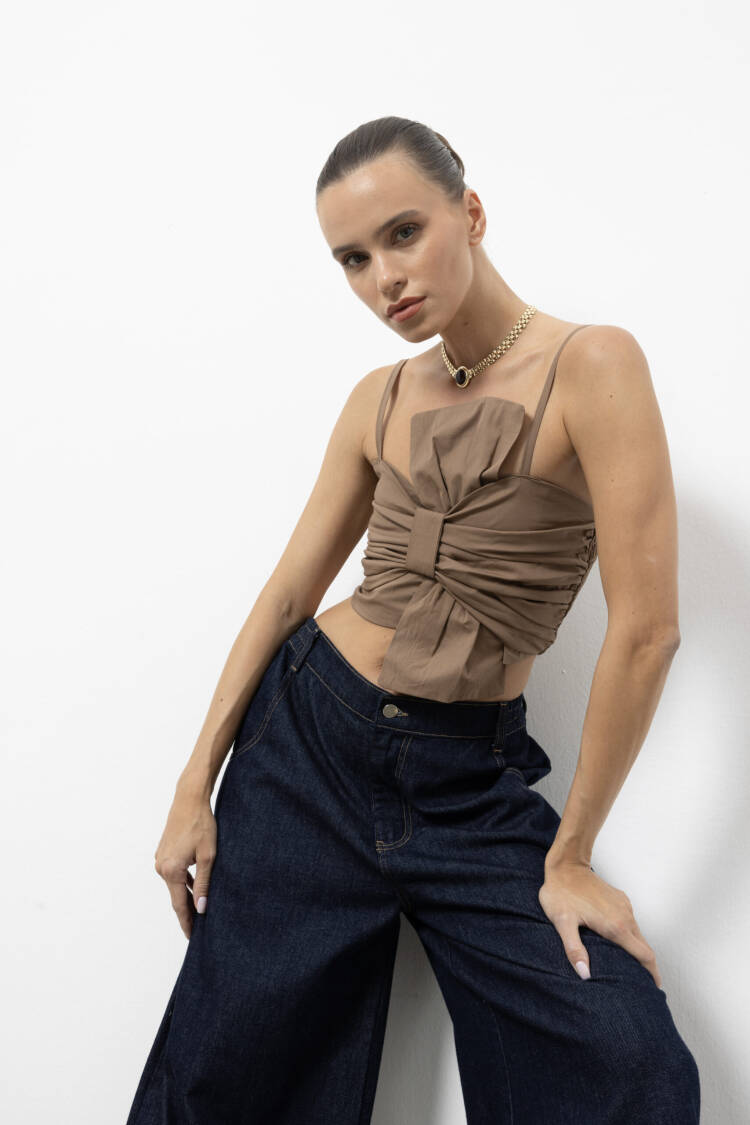 Khaki Crop Top Slim Fit Strapless Cap Sleeve