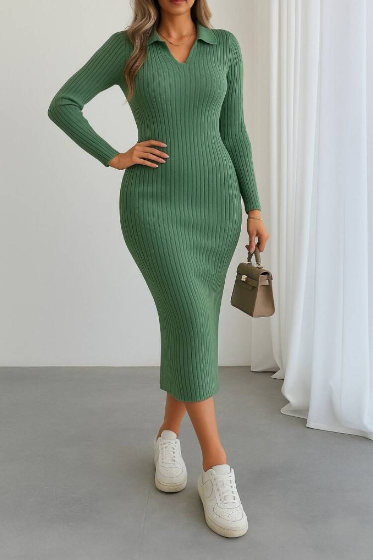 Striped Bodycon Midi Dress With Notched Neck