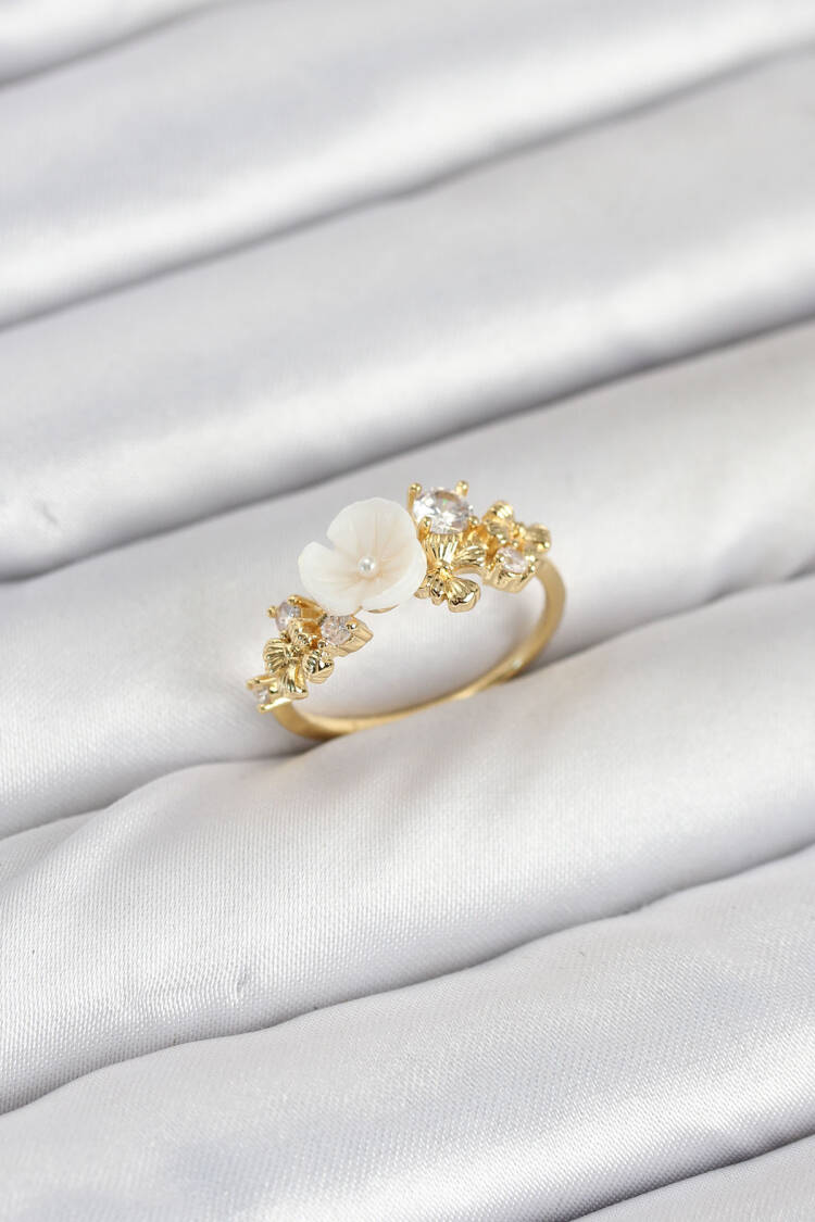 Brass Gold Color Flower Pattern Zircon Stone Women Ring - Brand: Ebijuteri - Women & Kids, Baby Clothes Wholesale - Globality Store