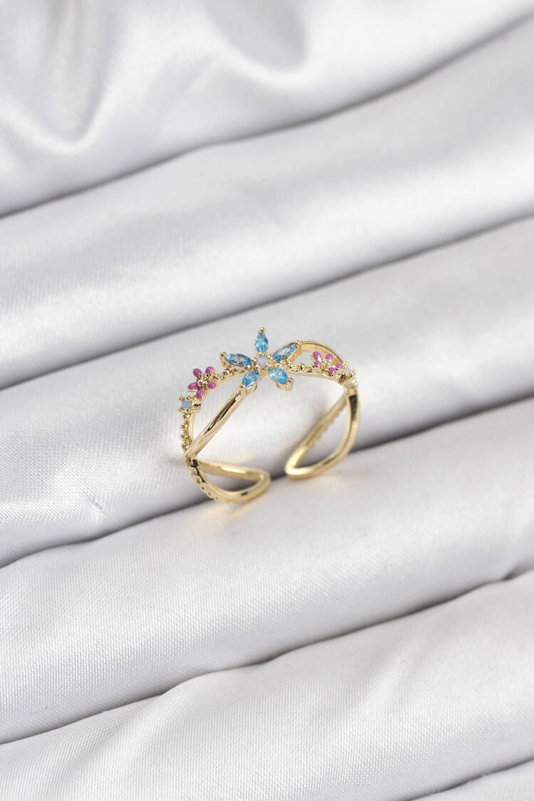Blue Floral Women's Ring With Brass Gold Color Zircon Stone - Brand: Ebijuteri - Women & Kids, Baby Clothes Wholesale - Globality Store