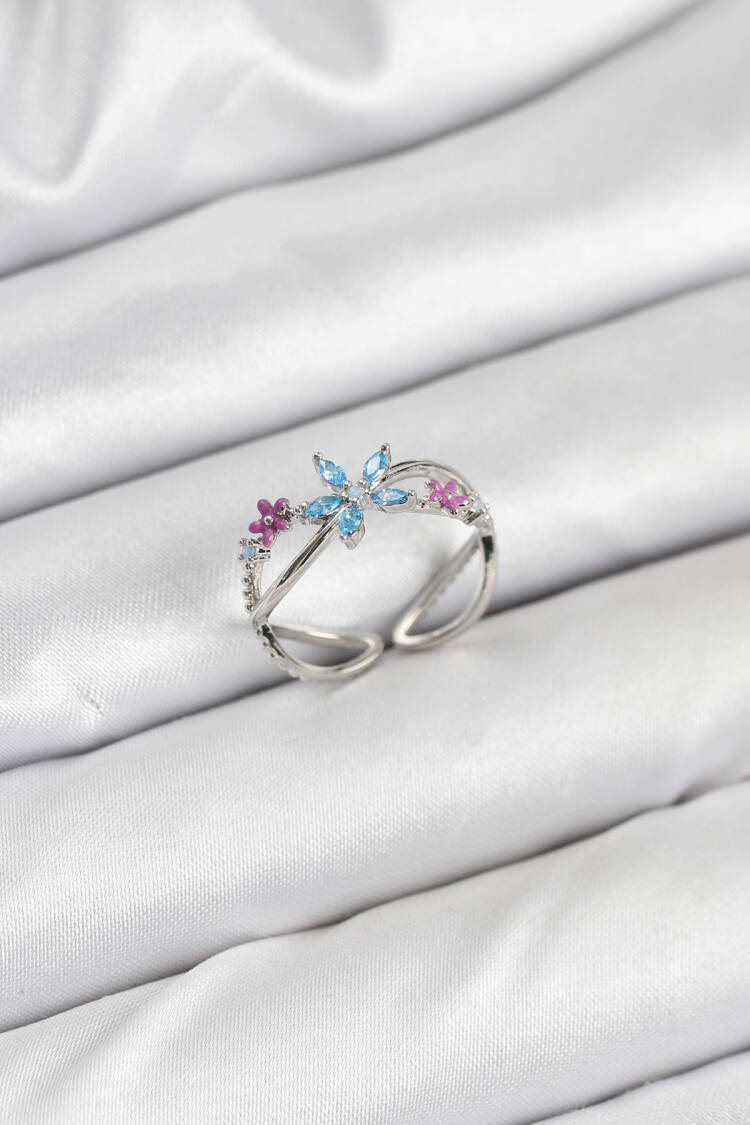 Blue Floral Women's Ring With Brass Silver Color Zircon Stone - Brand: Ebijuteri - Women & Kids, Baby Clothes Wholesale - Globality Store