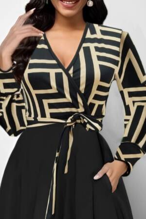 Elegant Black Wrap Dress With Geometric Print - Brand: Janes - Women & Kids, Baby Clothes Wholesale - Globality Store