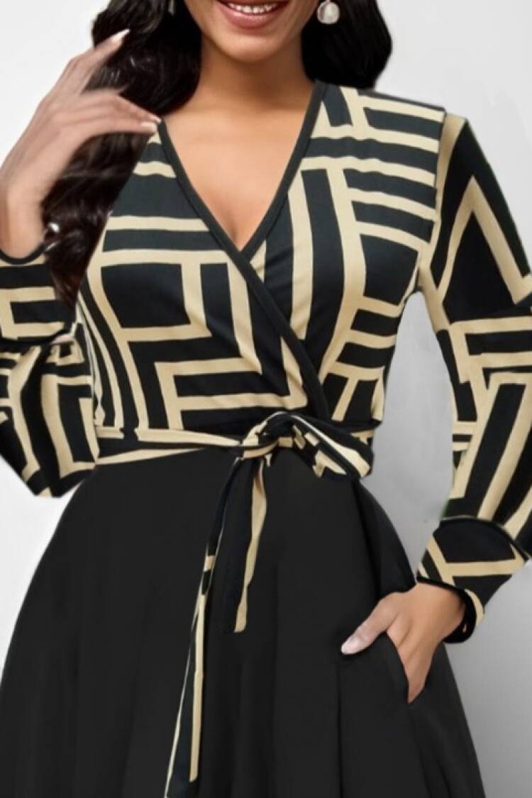 Elegant Black Wrap Dress With Geometric Print