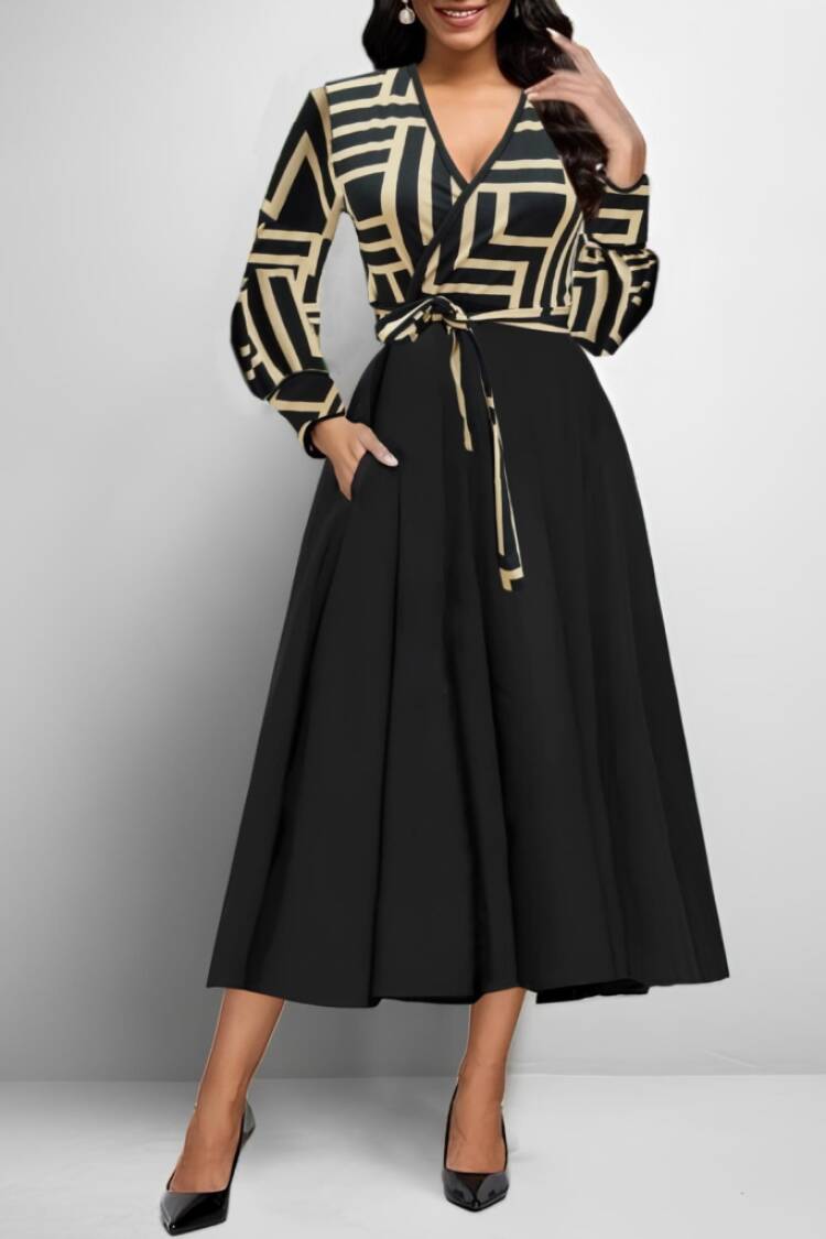 Elegant Black Wrap Dress With Geometric Print