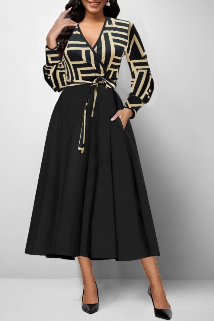 Elegant Black Wrap Dress With Geometric Print - Brand: Janes - Women & Kids, Baby Clothes Wholesale - Globality Store