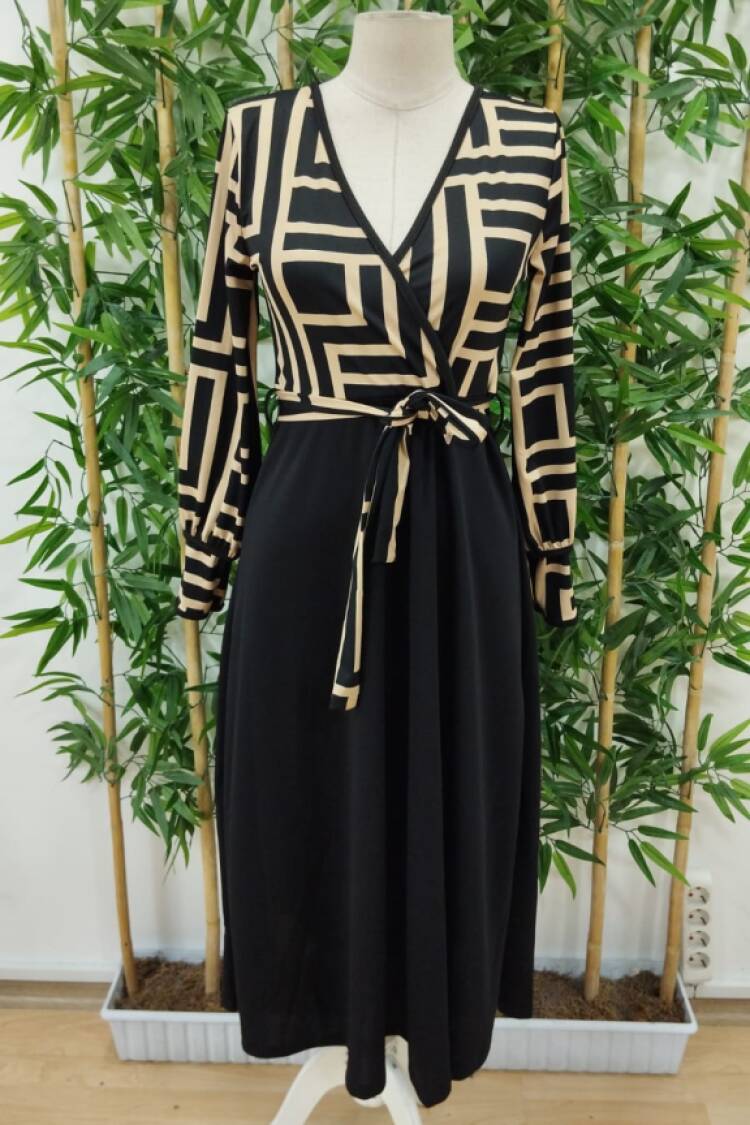 Elegant Black Wrap Dress With Geometric Print