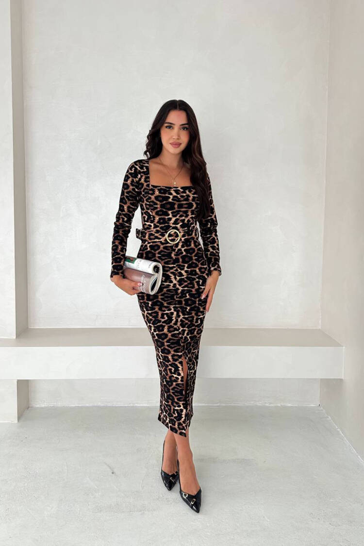 Black Bodycon Midi Dress With Animal Print