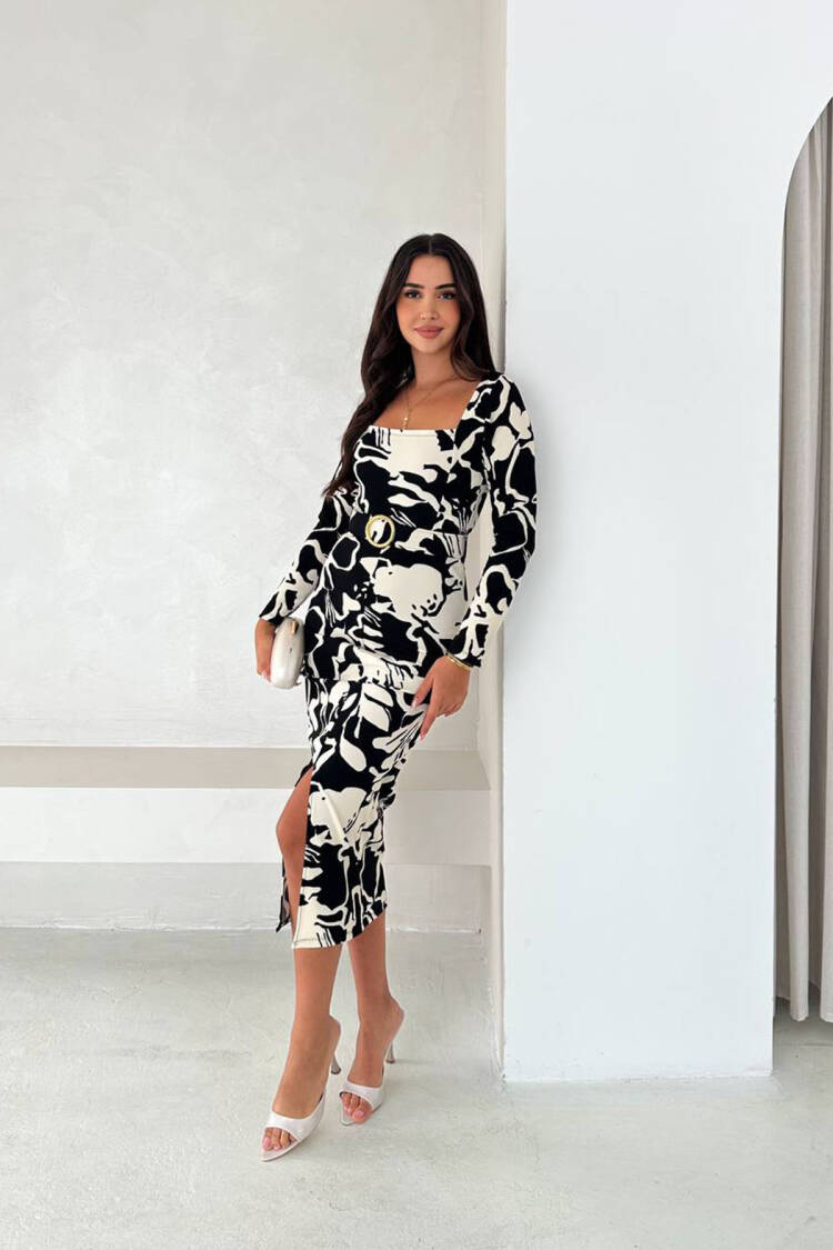 Black Elegant Sheath Dress With Floral Pattern