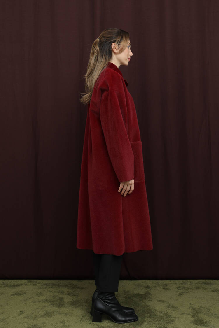 Claret Red Single-Breasted Oversized Coat