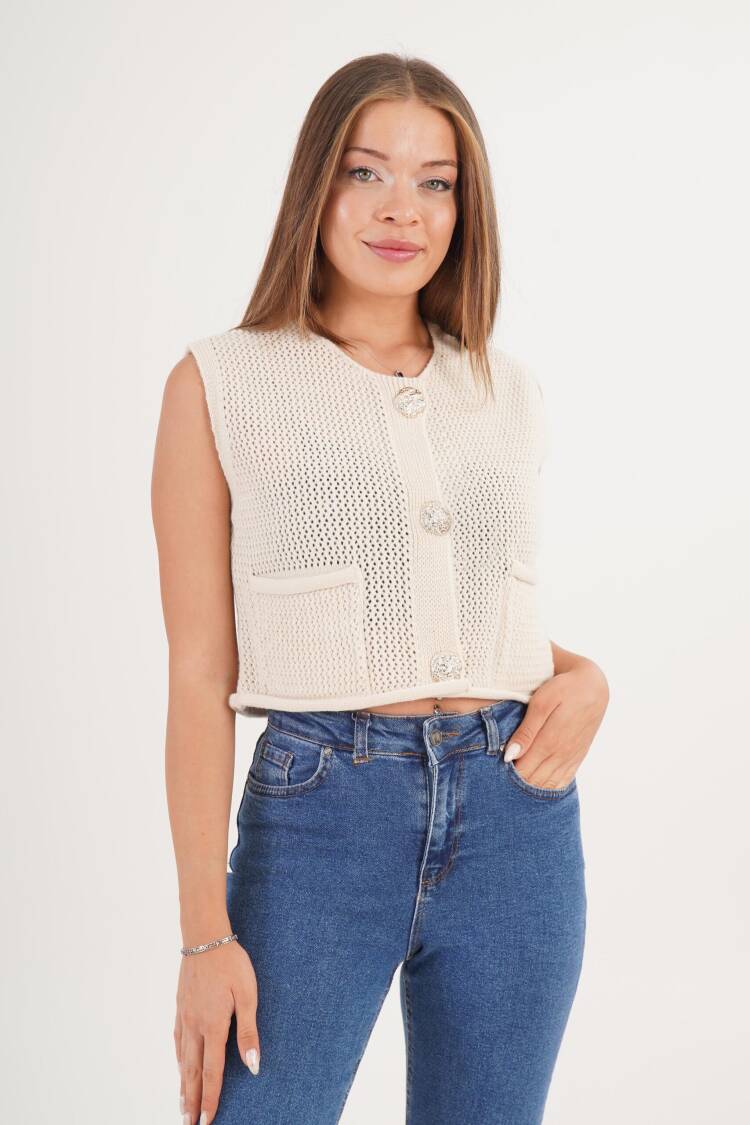 Beige Cardigan With Welt Pocket And Buttoned Closure