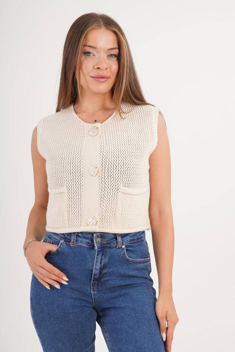 Beige Cardigan With Welt Pocket And Buttoned Closure