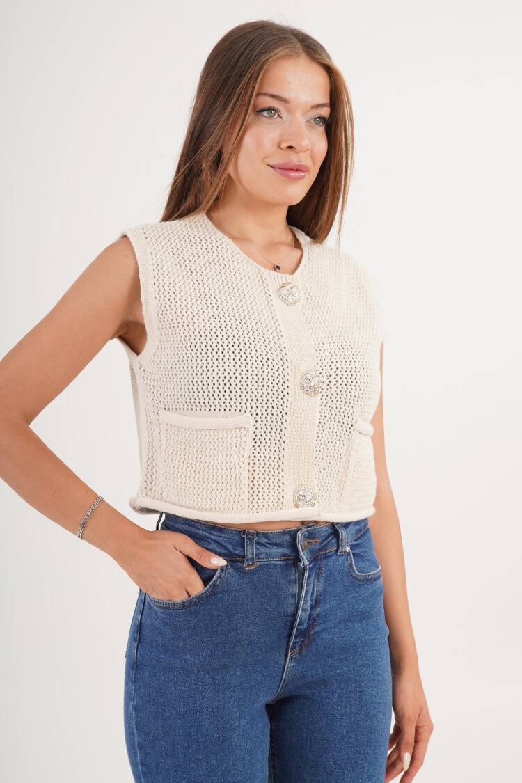 Beige Cardigan With Welt Pocket And Buttoned Closure