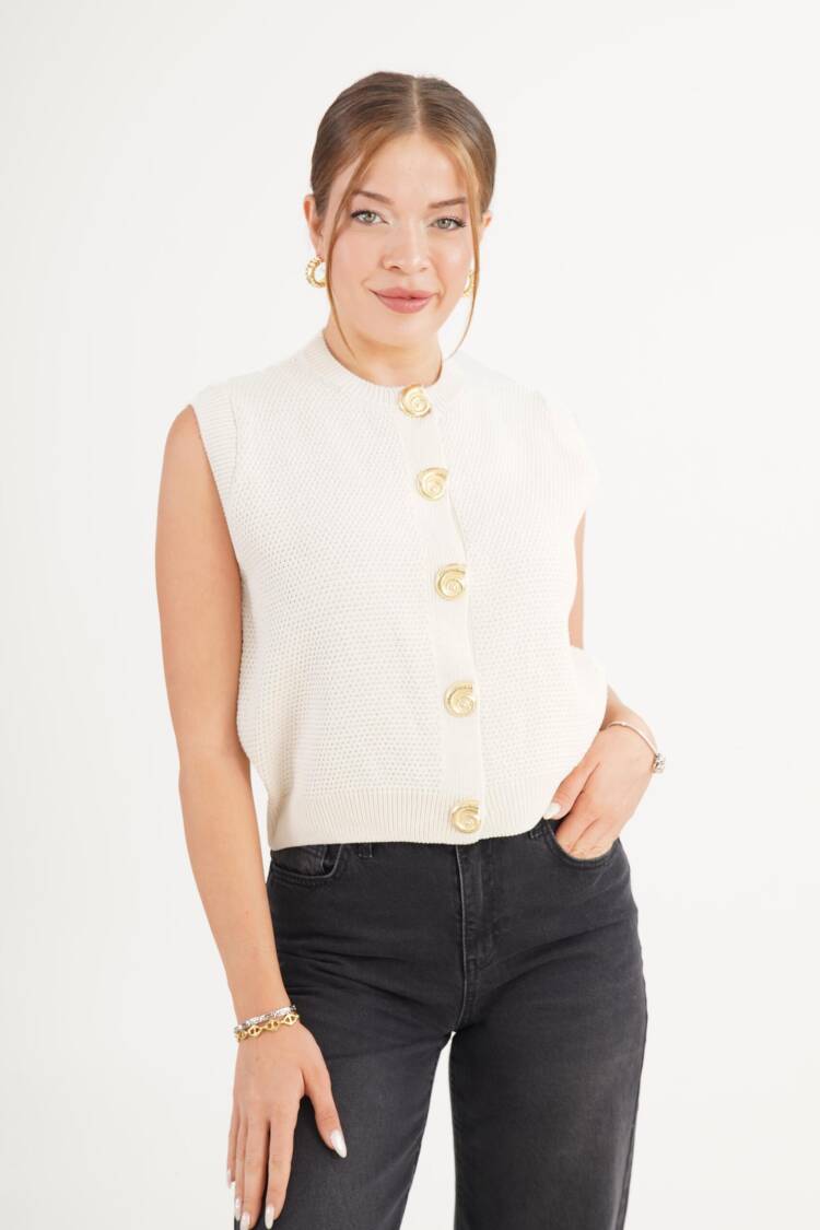 White Cardigan With Buttoned Closure And Cap Sleeves