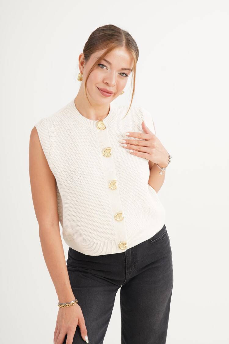 White Cardigan With Buttoned Closure And Cap Sleeves