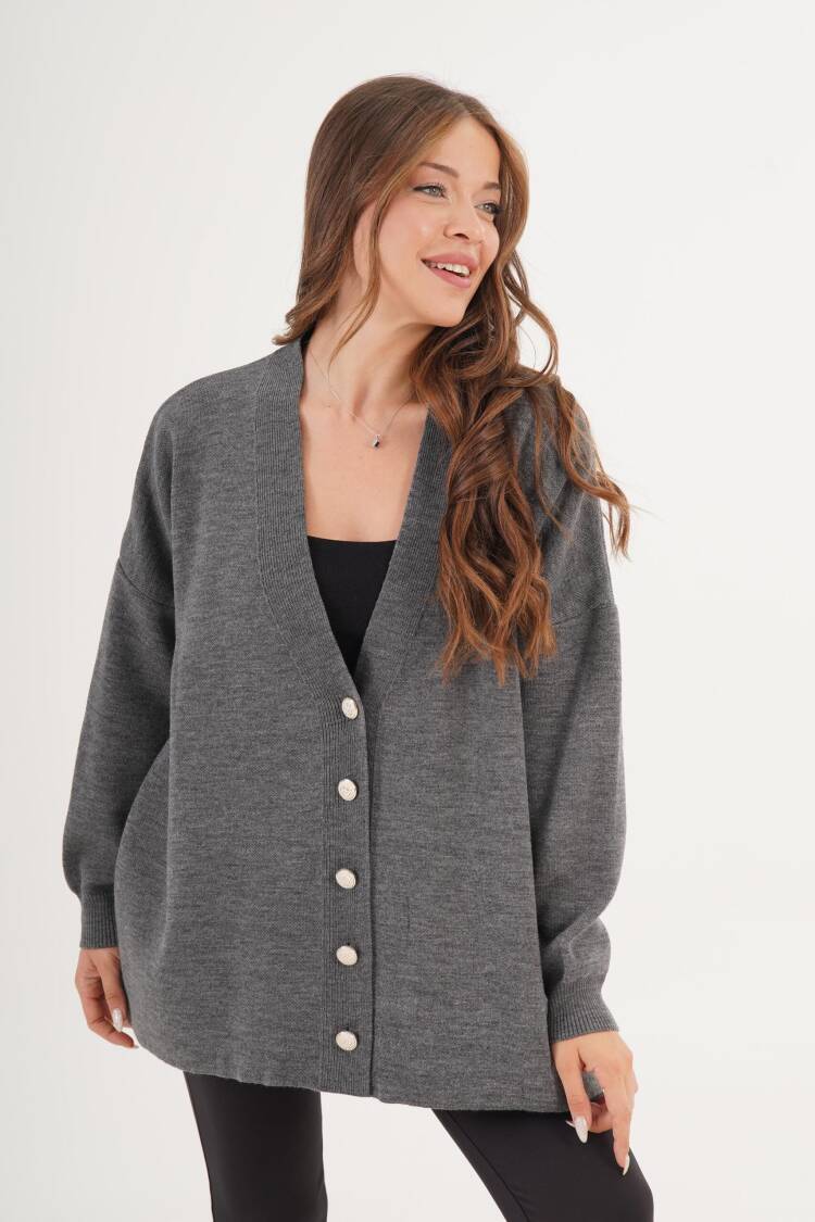 Grey Oversized Fit Cardigan With Button Closure - Brand: Lustrin - Women & Kids, Baby Clothes Wholesale - Globality Store