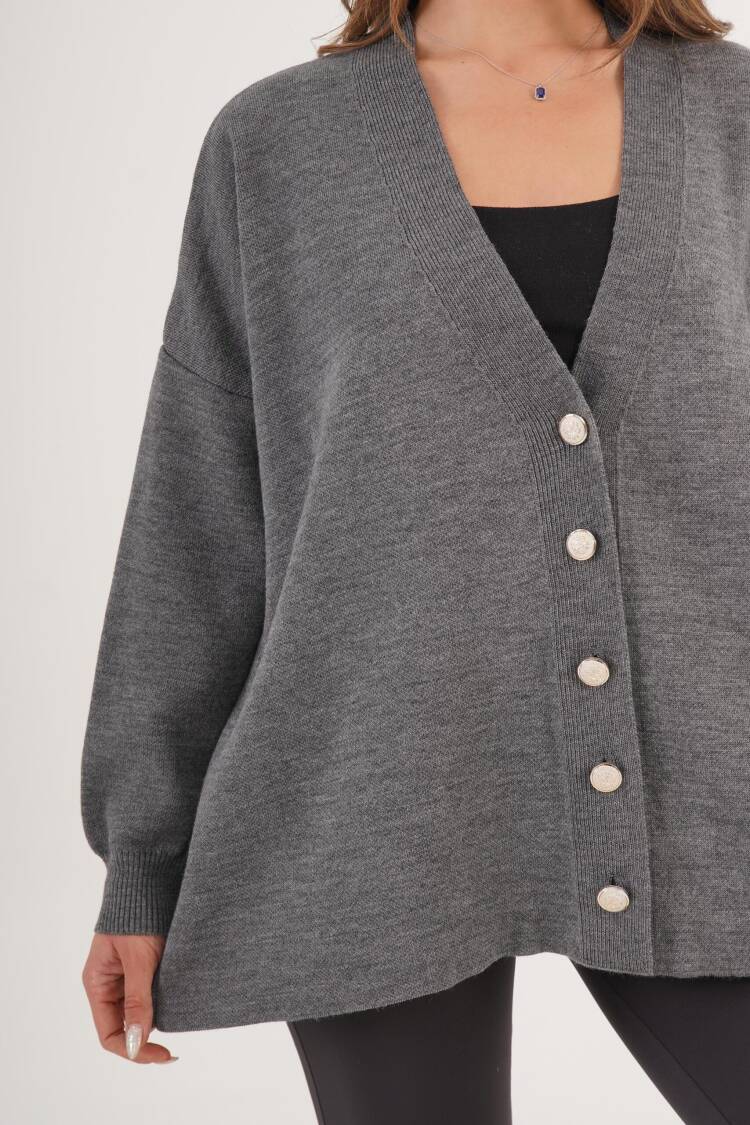 Grey Oversized Fit Cardigan With Button Closure