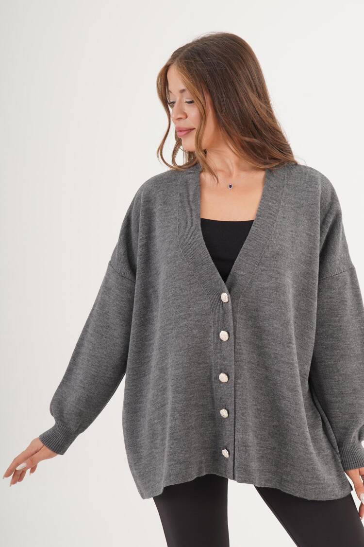 Grey Oversized Fit Cardigan With Button Closure