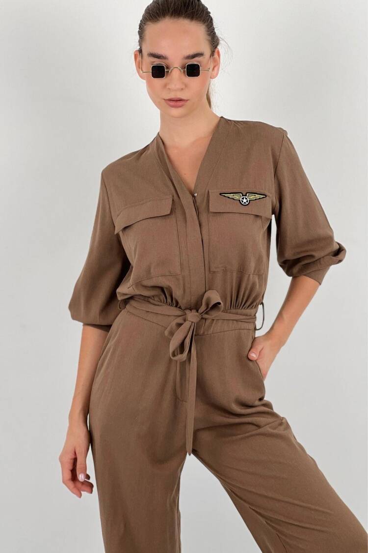Brown Casual Boilersuit Jumpsuit With Flap Pockets