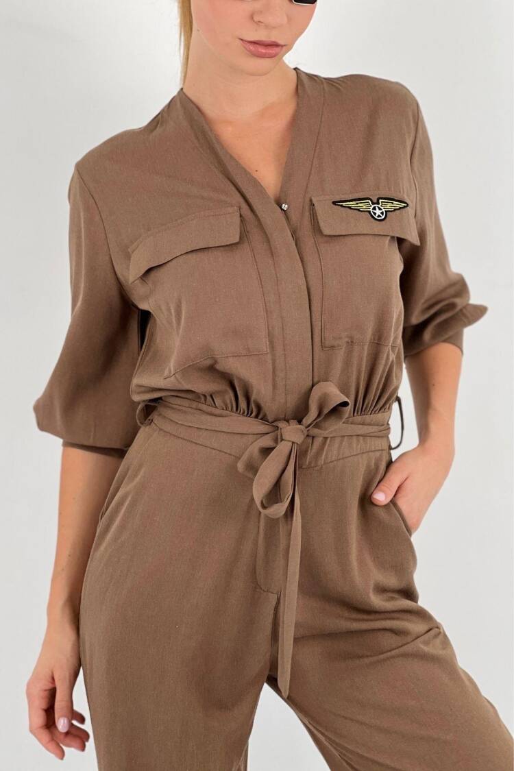 Brown Casual Boilersuit Jumpsuit With Flap Pockets