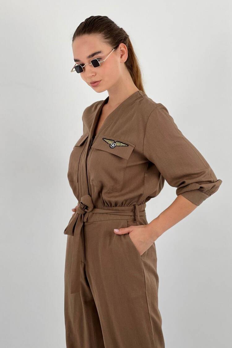 Brown Casual Boilersuit Jumpsuit With Flap Pockets