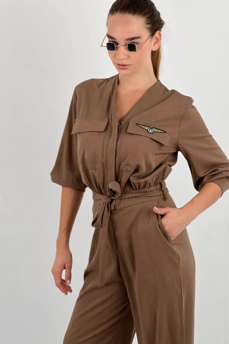 Brown Casual Boilersuit Jumpsuit With Flap Pockets