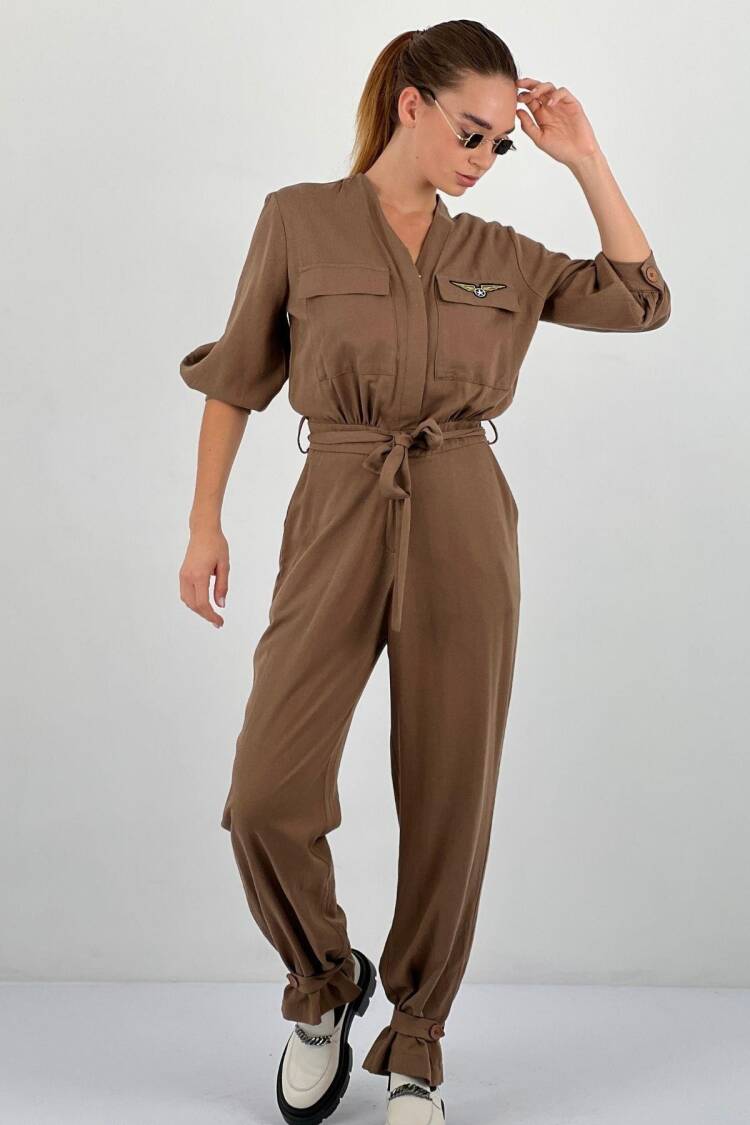 Brown Casual Boilersuit Jumpsuit With Flap Pockets