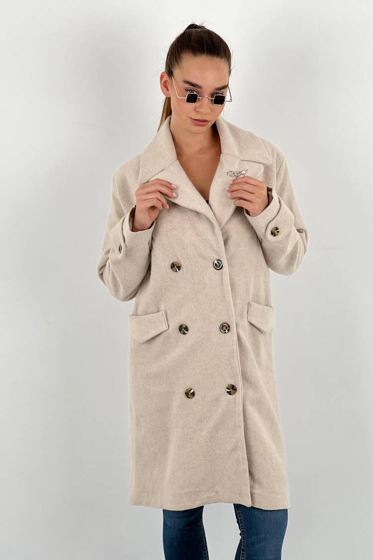 Beige Elegant Double-Breasted Long Coat