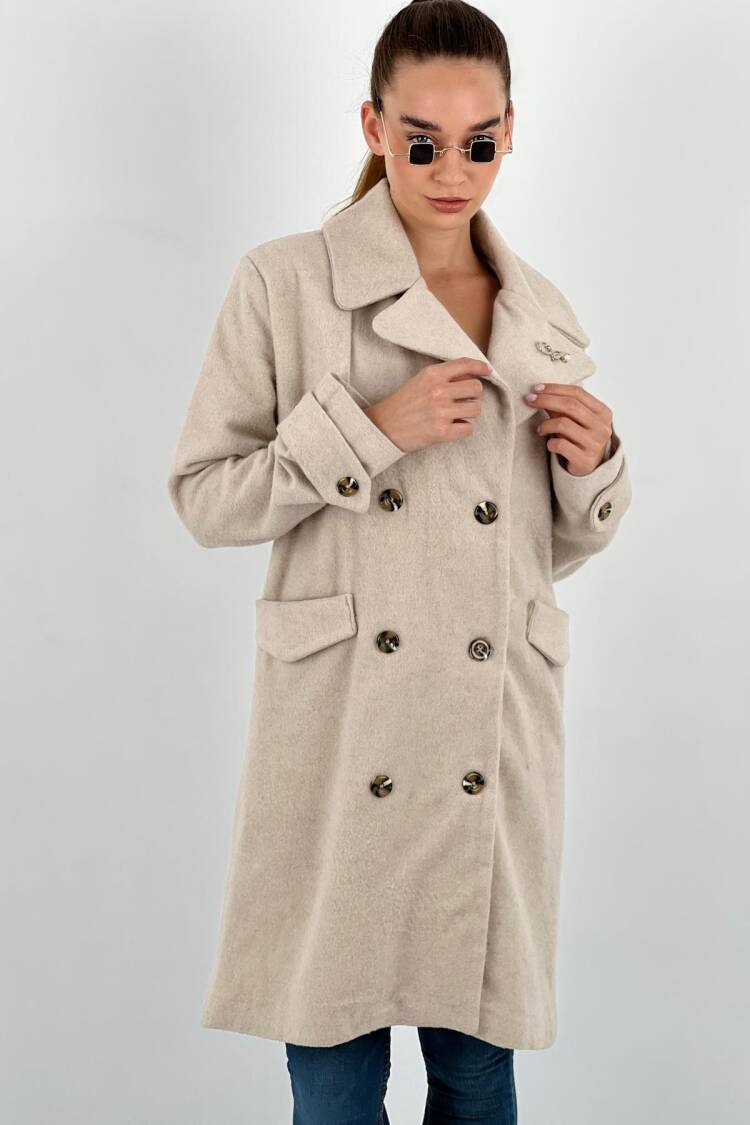 Beige Elegant Double-Breasted Long Coat