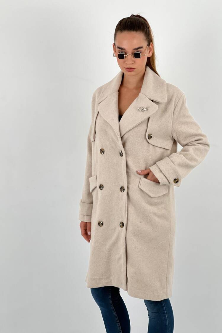 Beige Elegant Double-Breasted Long Coat