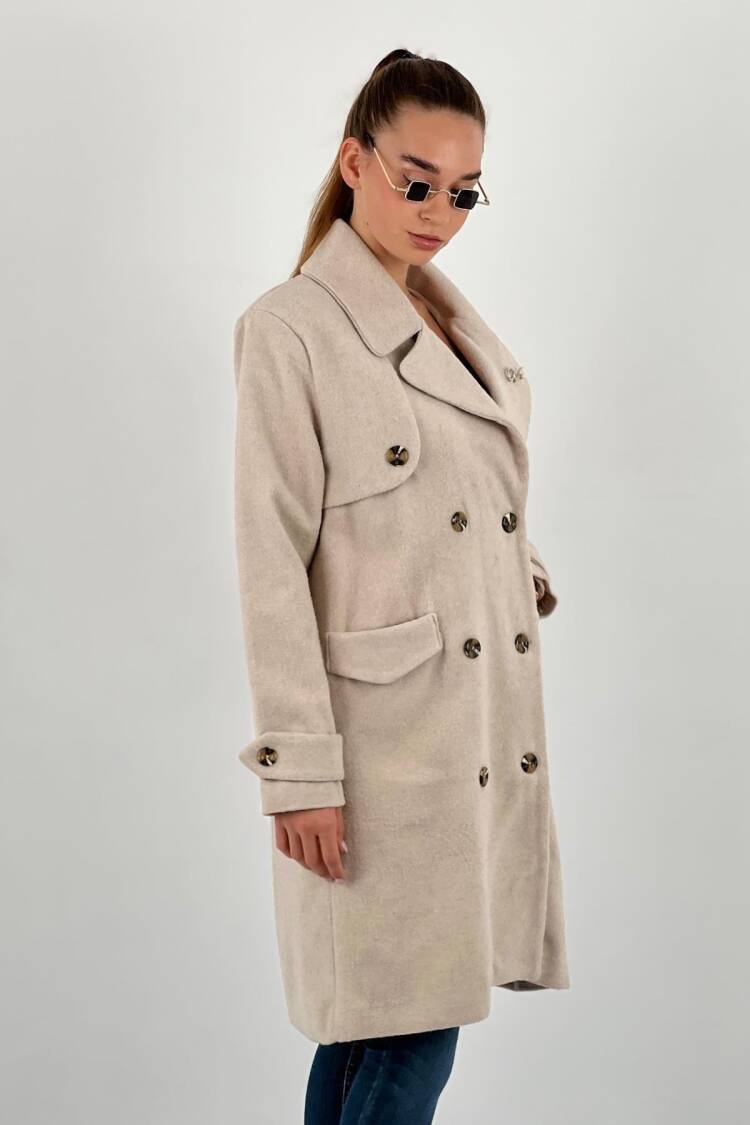 Beige Elegant Double-Breasted Long Coat