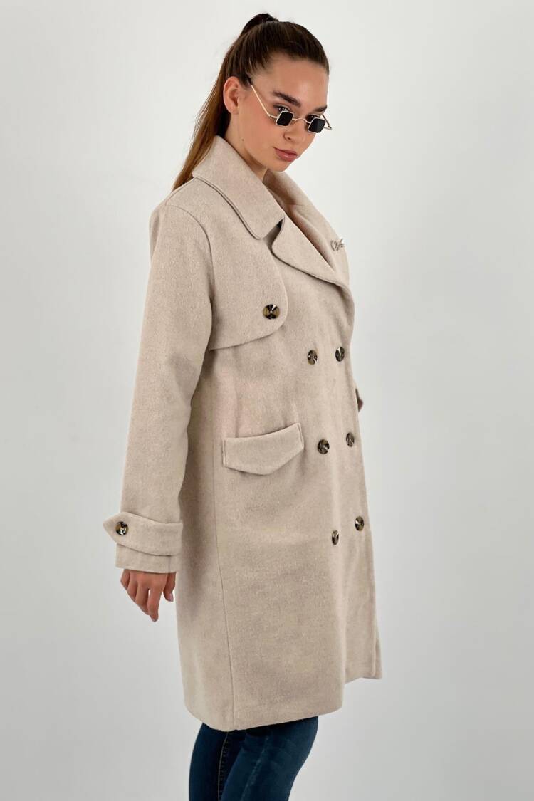 Beige Elegant Double-Breasted Long Coat