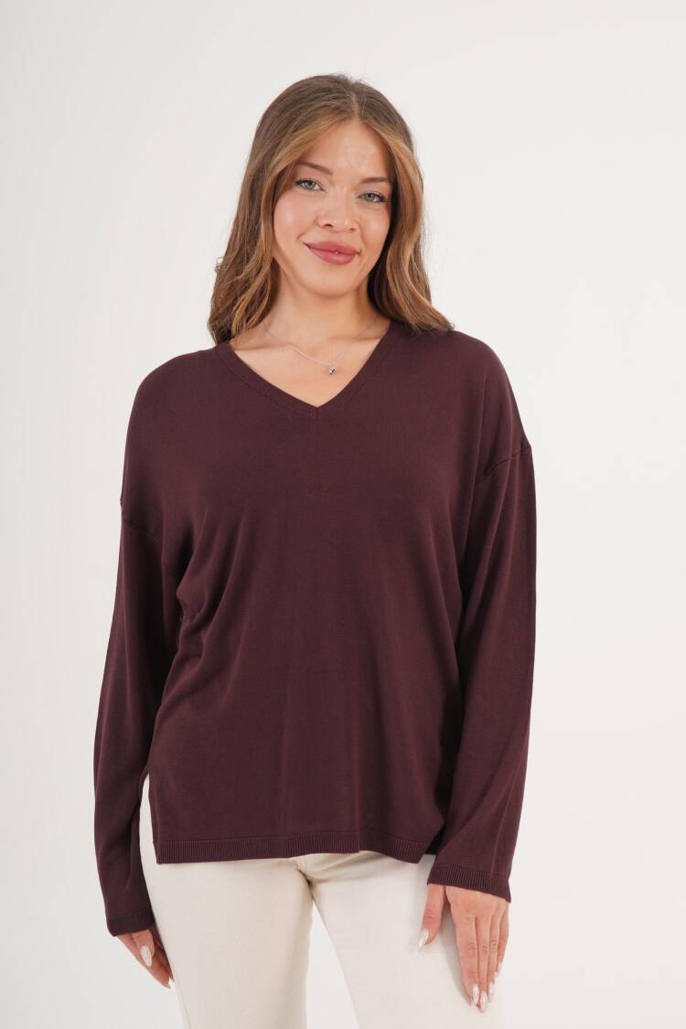 Wholesale Coffee Sweater Sweater With V Neck Side Slit