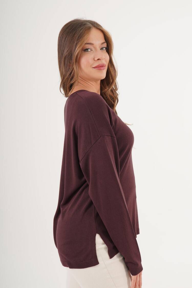 Wholesale Coffee Sweater Sweater With V Neck Side Slit