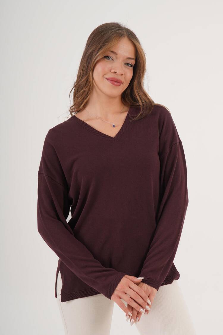 Wholesale Coffee Sweater Sweater With V Neck Side Slit