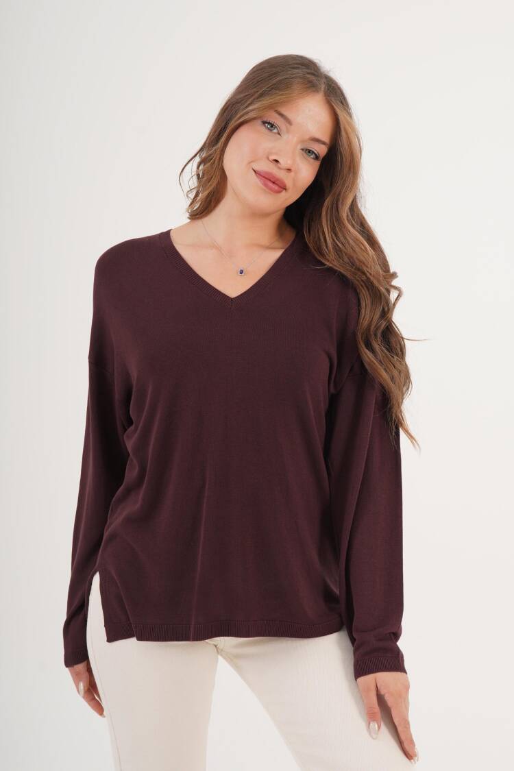 Wholesale Coffee Sweater Sweater With V Neck Side Slit