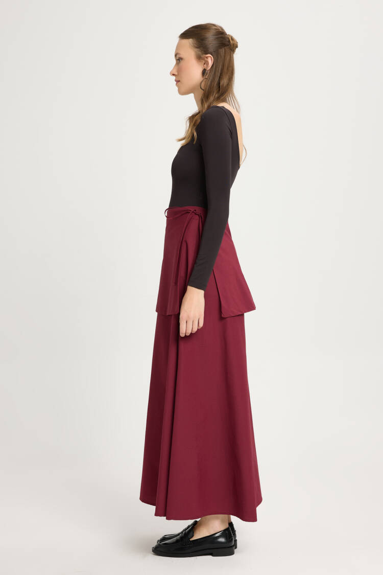Claret Red Wrap Maxi Skirt With High Waist Tie Closure