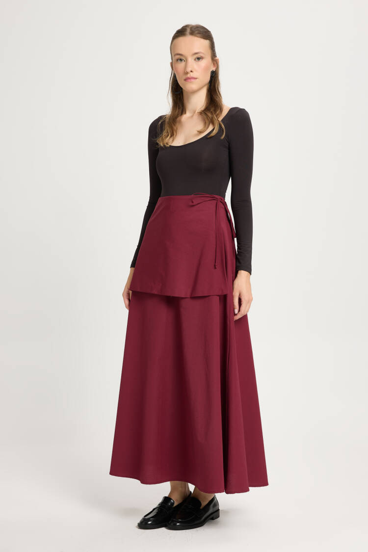 Claret Red Wrap Maxi Skirt With High Waist Tie Closure
