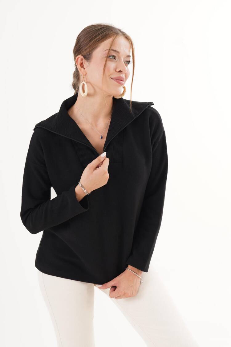 Black Sweater With V-Neck And Long Sleeves