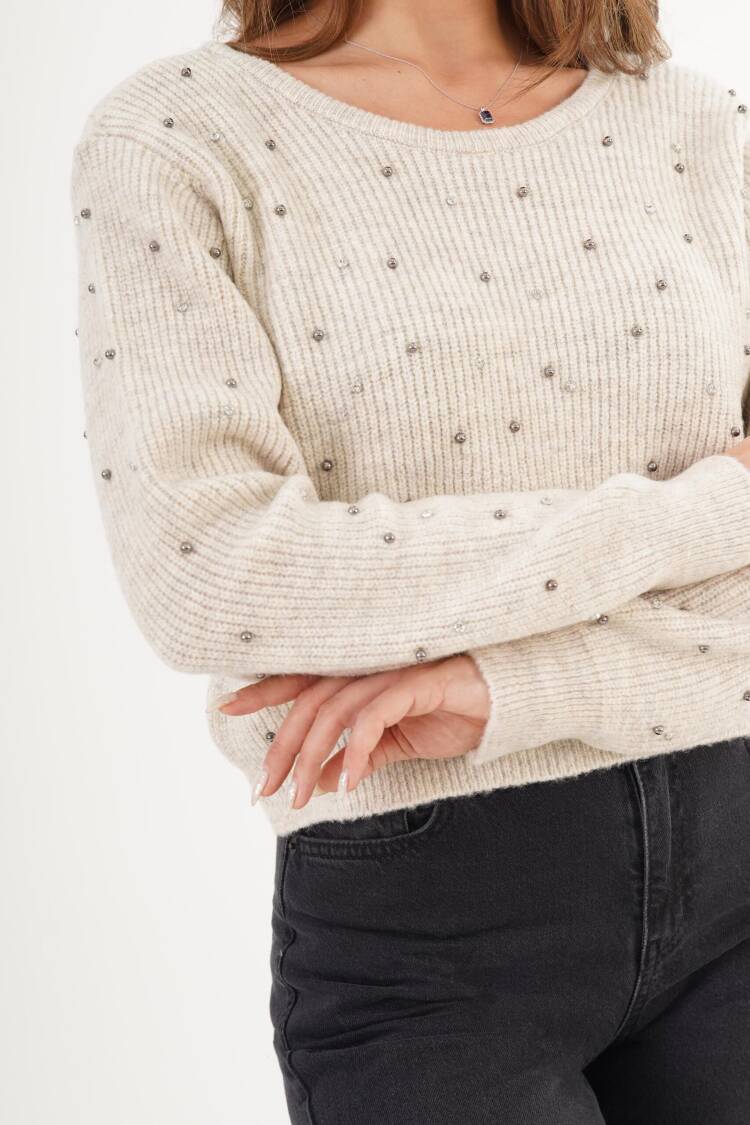 Beige Sweater With Sequined Pattern - Casual Retro Style