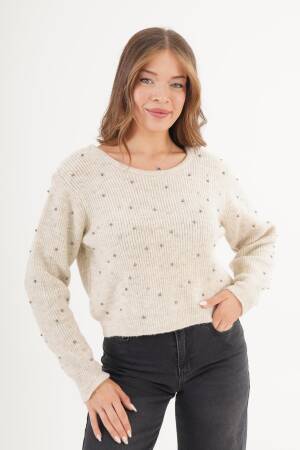 Beige Sweater With Sequined Pattern - Casual Retro Style - Brand: Lustrin - Women & Kids, Baby Clothes Wholesale - Globality Store