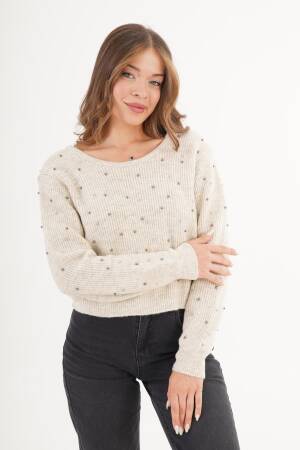 Beige Sweater With Sequined Pattern - Casual Retro Style - Brand: Lustrin - Women & Kids, Baby Clothes Wholesale - Globality Store