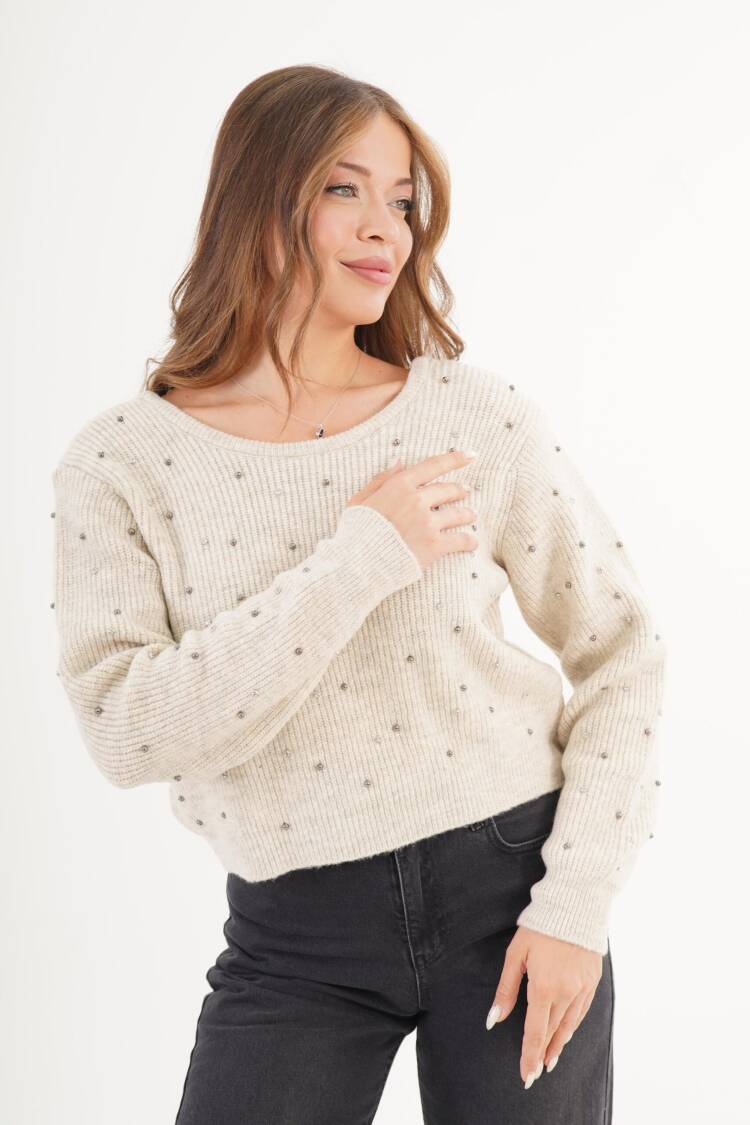 Beige Sweater With Sequined Pattern - Casual Retro Style - Brand: Lustrin - Women & Kids, Baby Clothes Wholesale - Globality Store