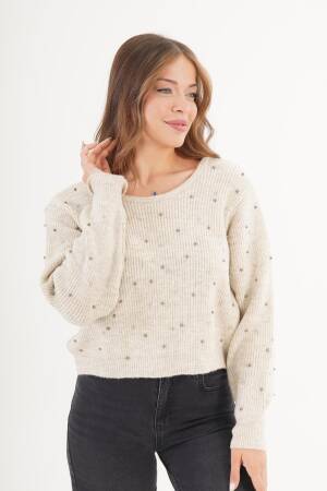Beige Sweater With Sequined Pattern - Casual Retro Style - Brand: Lustrin - Women & Kids, Baby Clothes Wholesale - Globality Store