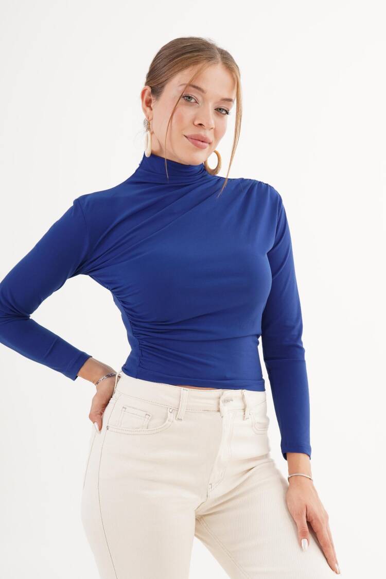 Blue Elegant Slim Fit High Neck Blouse - Brand: Lustrin - Women & Kids, Baby Clothes Wholesale - Globality Store