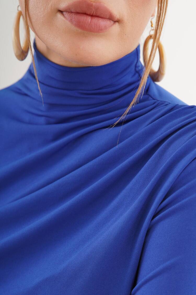 Blue Elegant Slim Fit High Neck Blouse