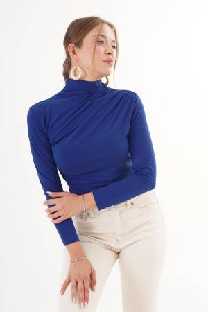 Blue Elegant Slim Fit High Neck Blouse - Brand: Lustrin - Women & Kids, Baby Clothes Wholesale - Globality Store