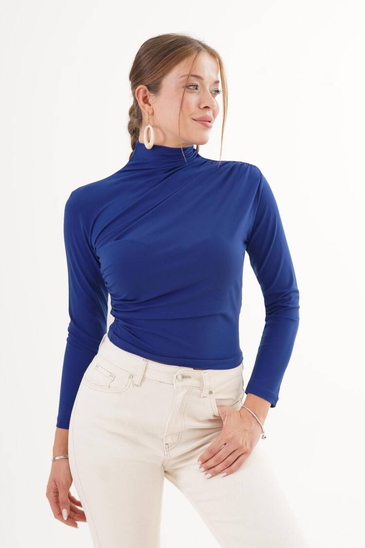 Blue Elegant Slim Fit High Neck Blouse