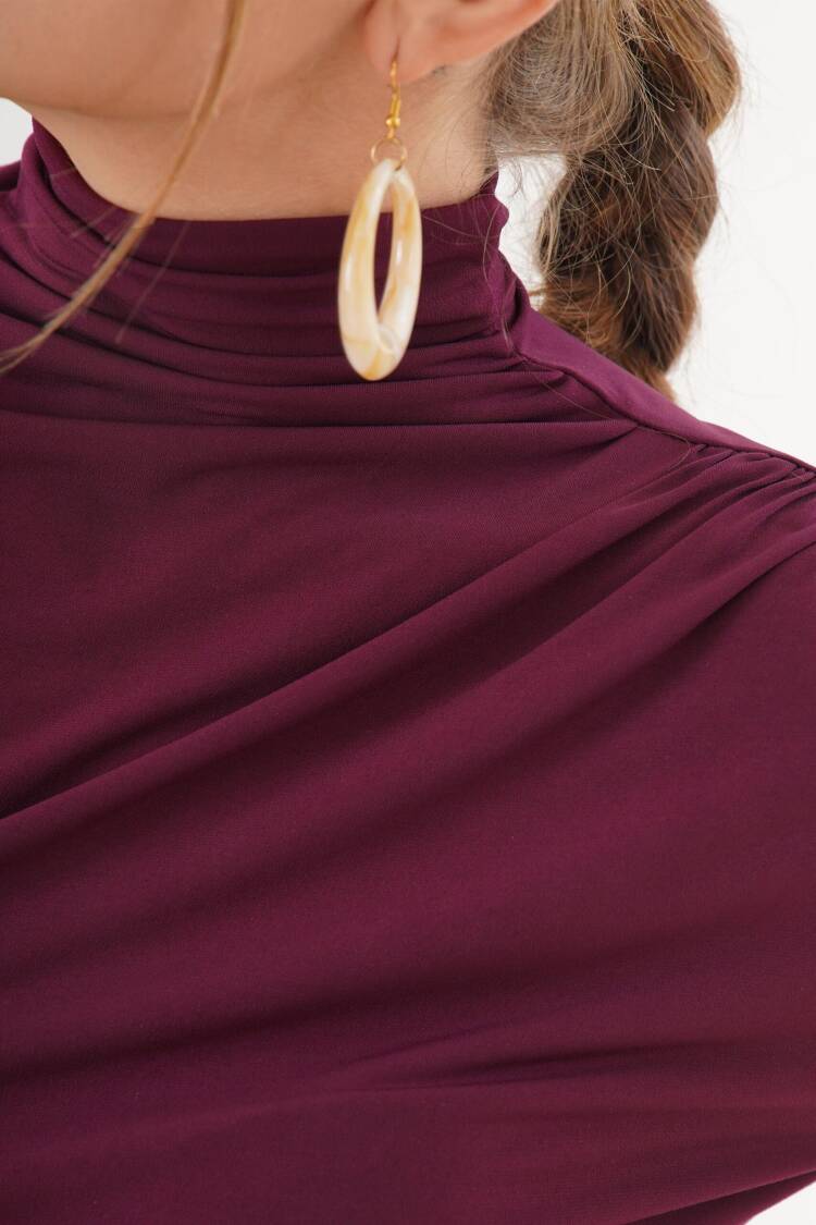 Claret Red Blouse - Elegant Slim Fit High Neck Long Sleeve