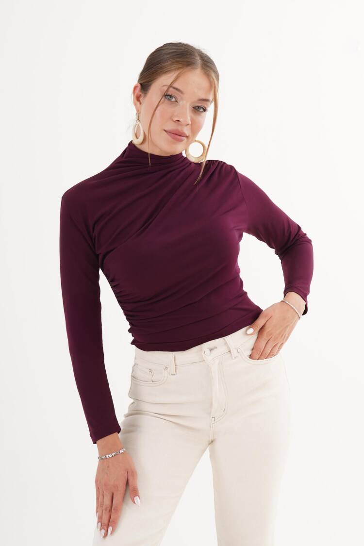 Claret Red Blouse - Elegant Slim Fit High Neck Long Sleeve - Brand: Lustrin - Women & Kids, Baby Clothes Wholesale - Globality Store