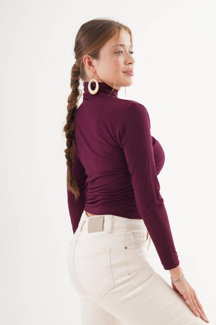 Claret Red Blouse - Elegant Slim Fit High Neck Long Sleeve